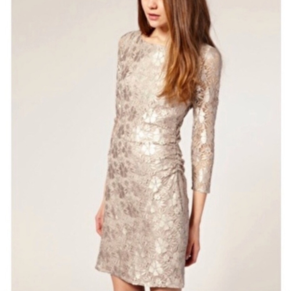 Reiss Donatella floral lace overlay sheath dress with sleeves champagne